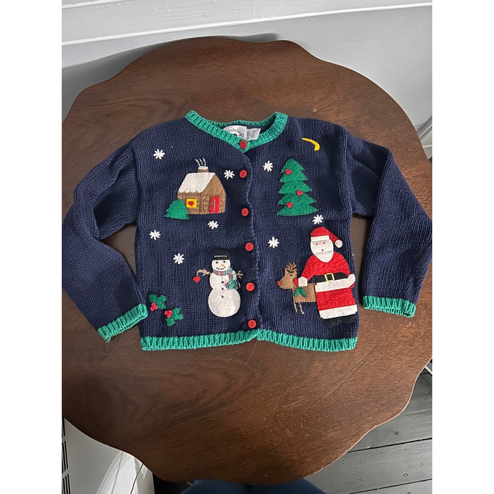 Hartstrings Kids Navy Blue Christmas Cardigan Santa Snowman Sweater Size 4
